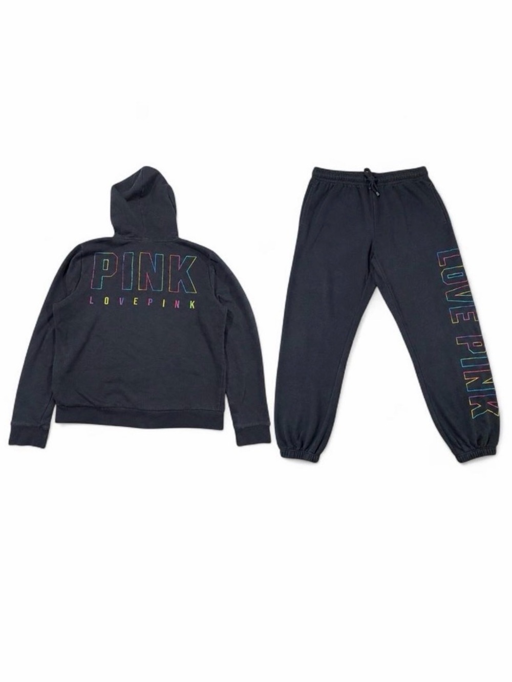 Victoria's Secret PINK Black Rainbow Logo Zip Hoodie Jogger Set L/XL